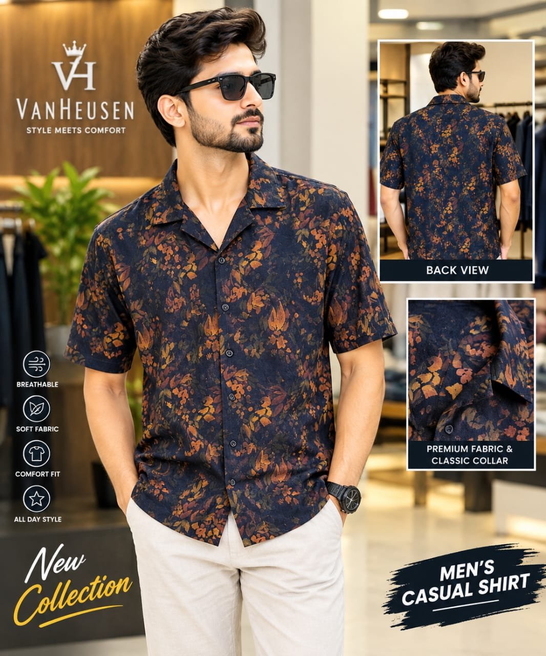 VAN HEUSEN MEN BLACK PRINT HALF SLEEVES PARTY SHIRT
